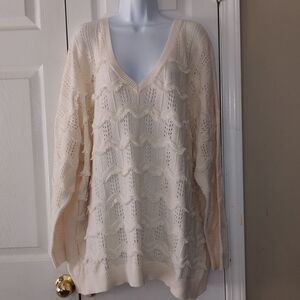 Evri Blue Self Wavy  Fringe  Strip Long Sleeve V-Neck Sweater  Sz  4X